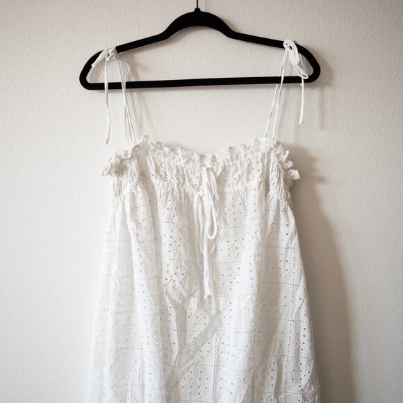 Ganni Broderie Anglaise Mini Dress White Eyelet Lace Tent Tie Strap SZ 14 - Picture 4 of 7